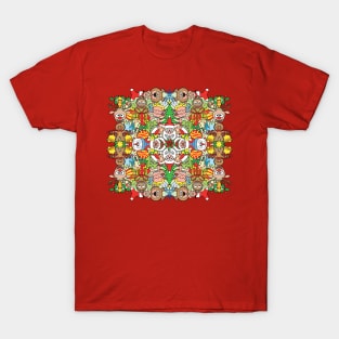 Christmas characters having fun in a crazy pattern design T-Shirt